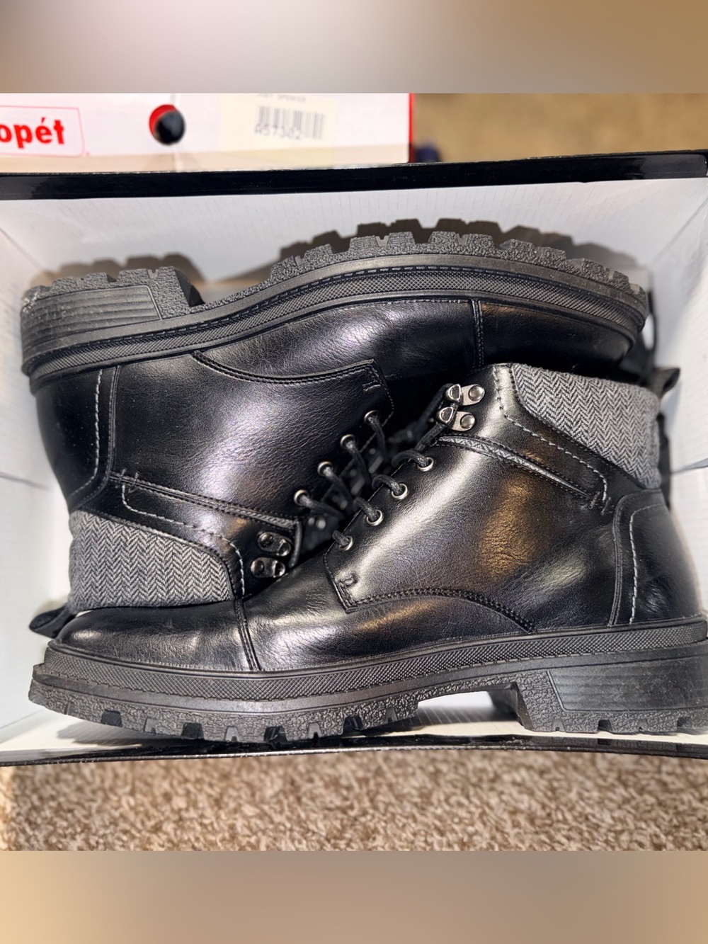 Men's Black Leather Lace-Up Herringbone Collar Boots